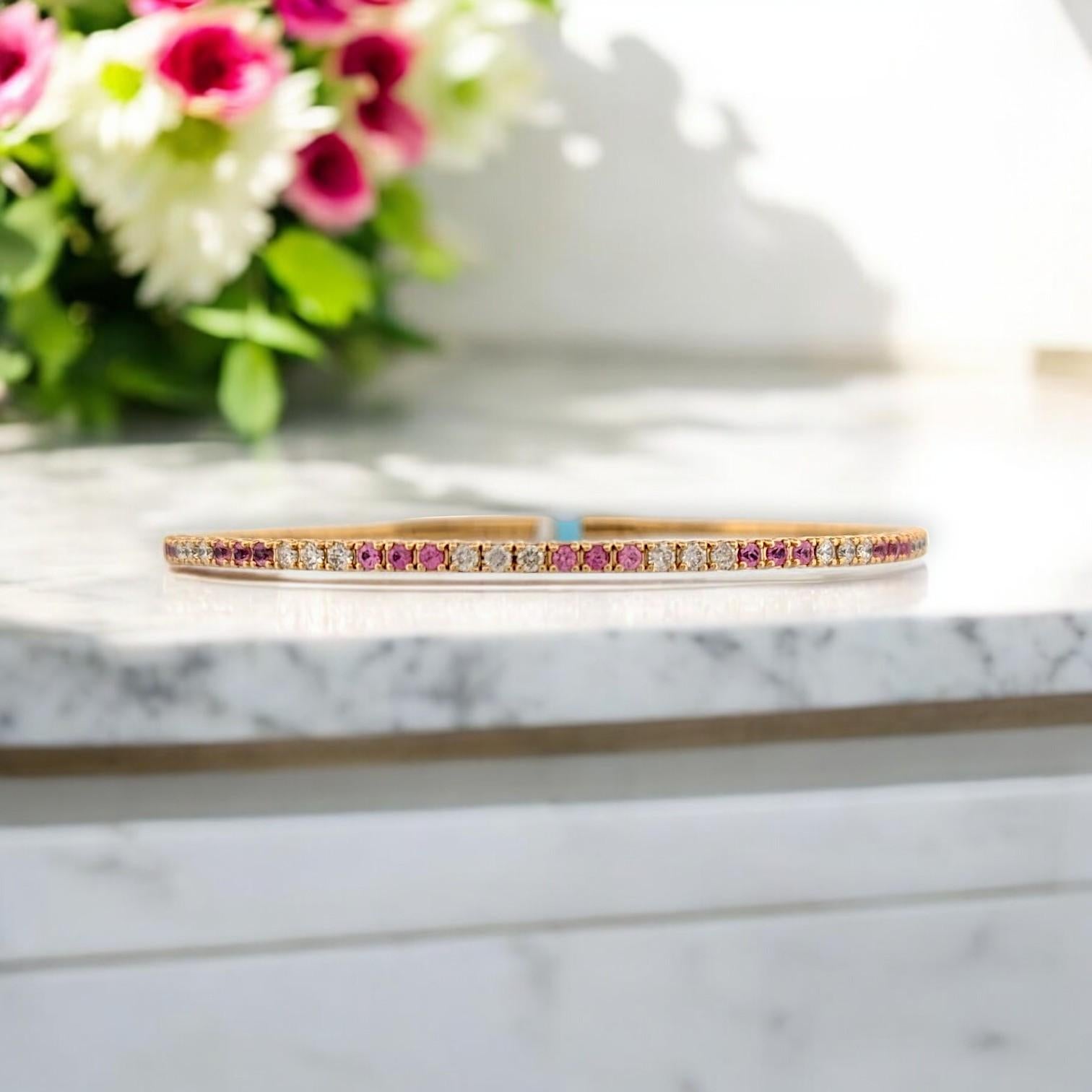Women's or Men's Emberly  14k Yellow Gold Flex Bracelet with .55 ctw Round Pink Sapphires For Sale