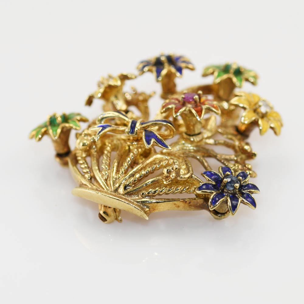 14k Yellow Gold Floral Basket Brooch 17.2gr In Excellent Condition For Sale In Laguna Beach, CA