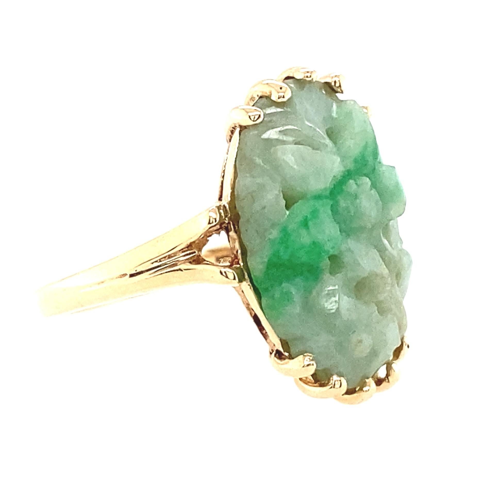 In the Art Deco period, which stretches from 1920-1939, there was an intense interest in East Asian art, and that included jade jewelry. It is quite common to find jade in Art Deo pieces, and this ring is one of those examples. 

Wonderfully three