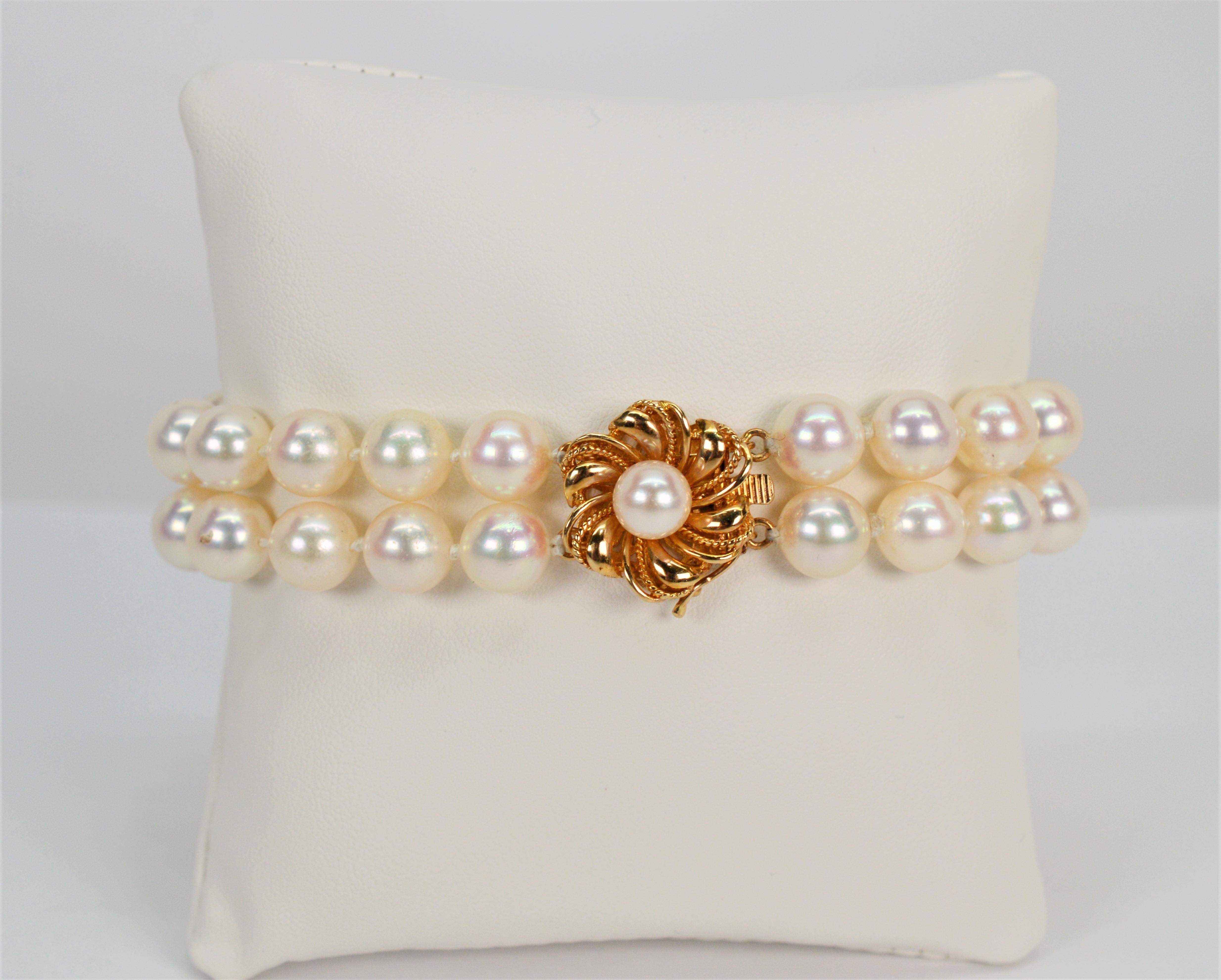 14K Yellow Gold Floral Charm Double Strand Pearl Bracelet For Sale 5