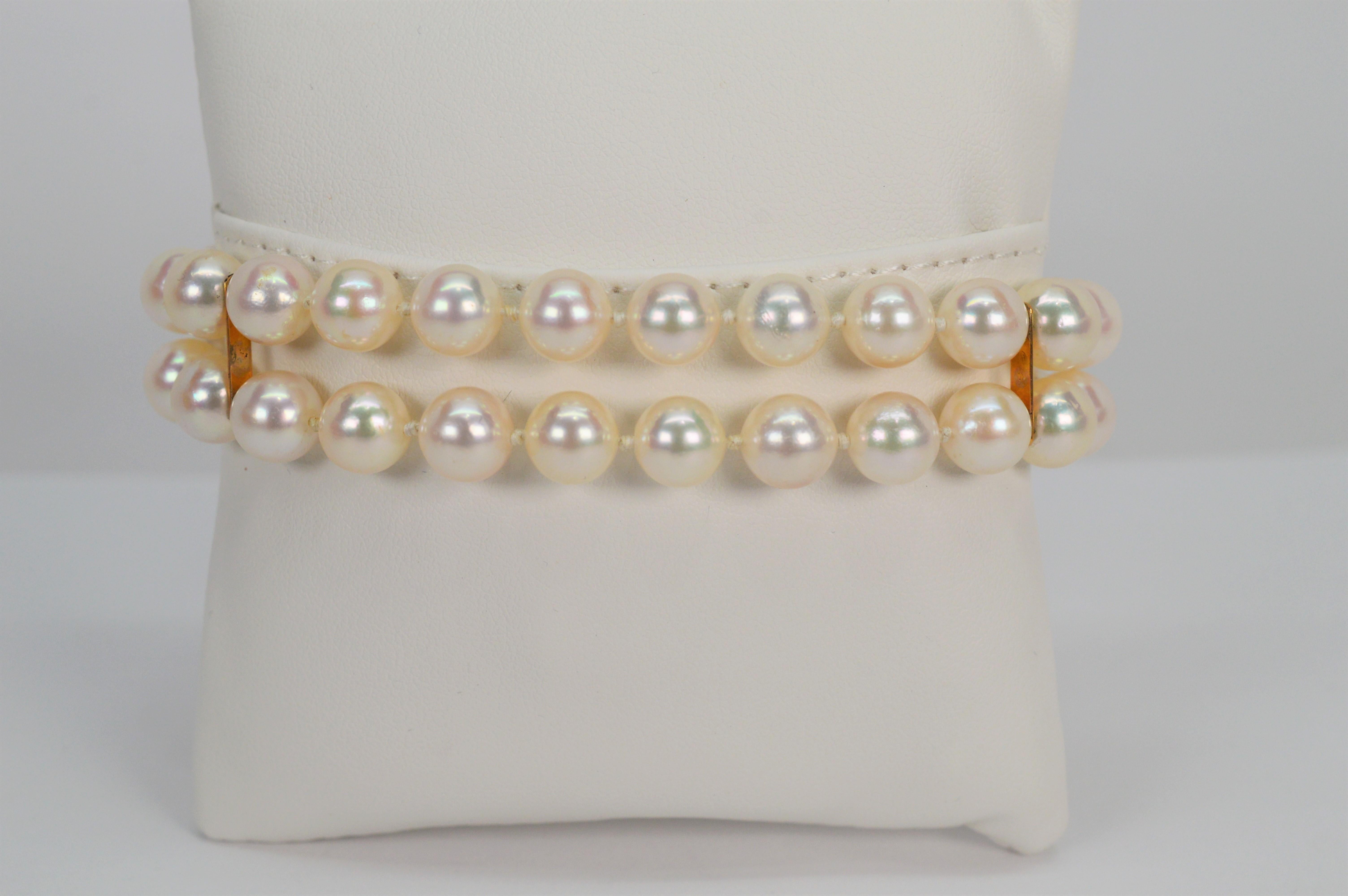 14K Yellow Gold Floral Charm Double Strand Pearl Bracelet For Sale 1