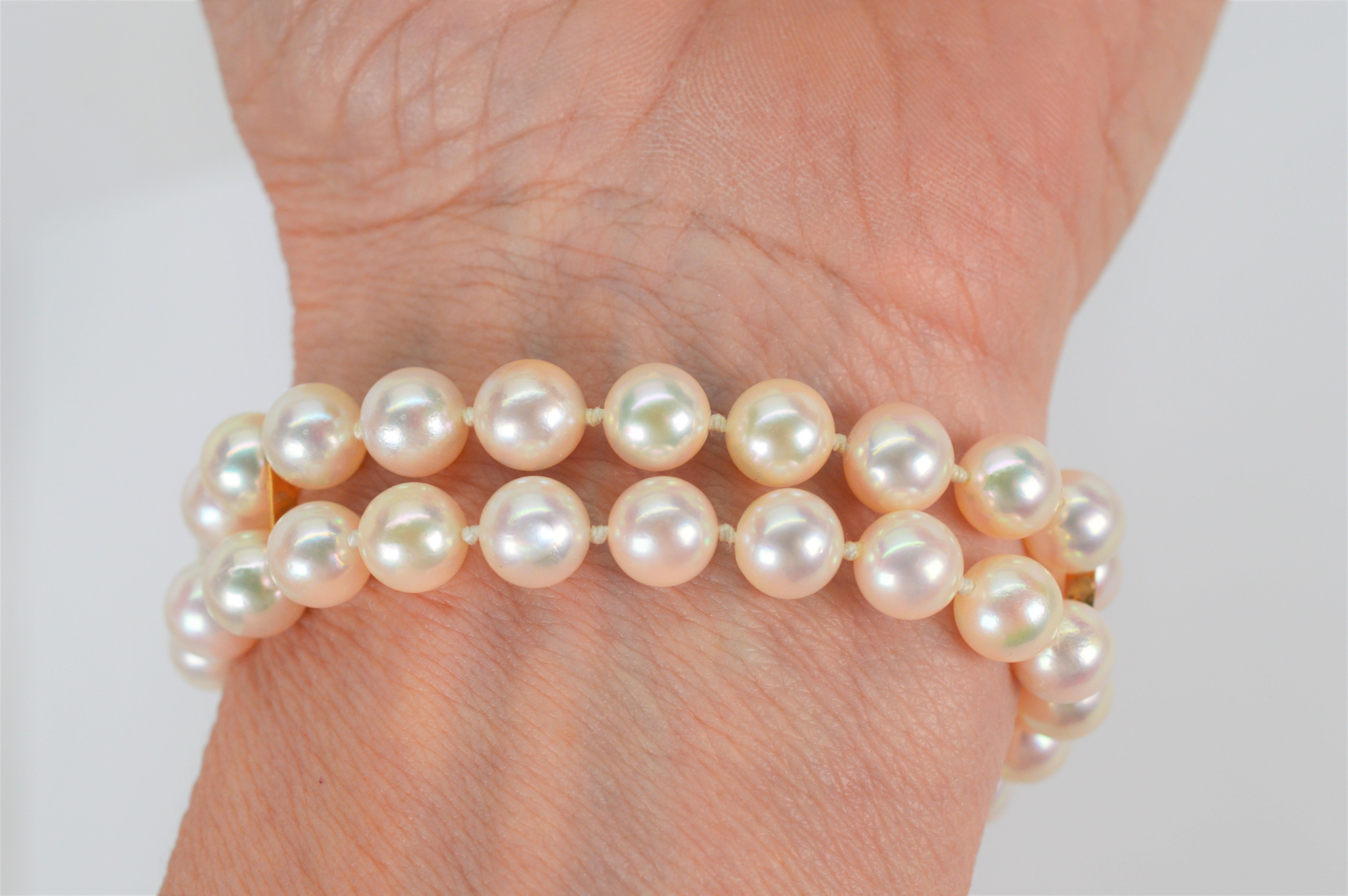 14K Yellow Gold Floral Charm Double Strand Pearl Bracelet For Sale 3