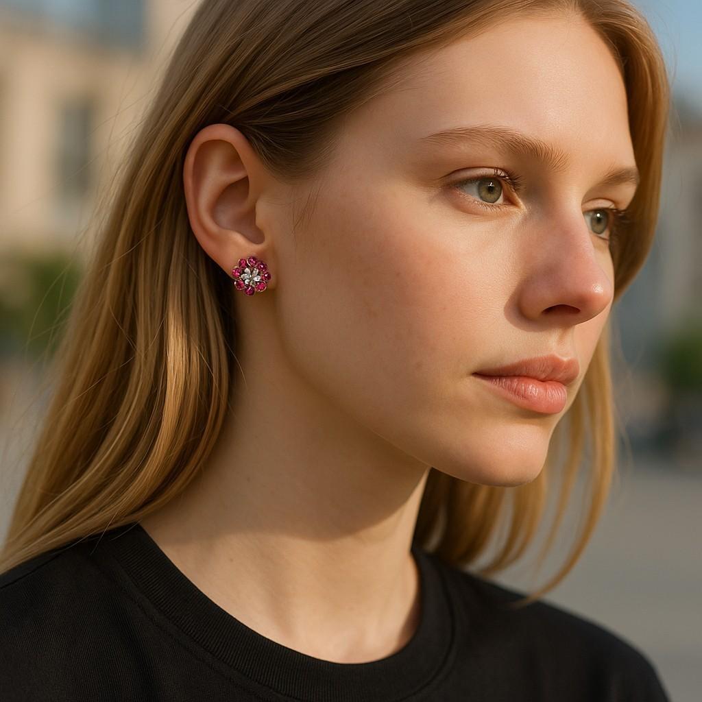 Eine zierliche Fusion aus Farbe und Eleganz

Diese floralen Ohrstecker aus 14-karätigem Gelbgold mit burmesischen Rubinen und natürlichen echten Diamanten verleihen Ihrem Alltagslook einen Hauch von lebendiger Farbe. Mit einer perfekten Größe von