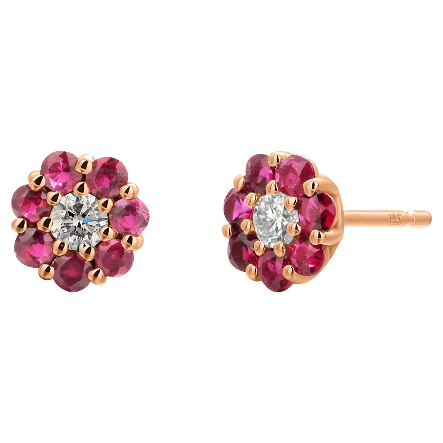 14K Gelbgold Floral Cluster Rubin und Diamant Mini-Ohrstecker im Angebot