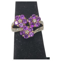 14k Yellow Gold Floral Design Amethyst Ring with Diamond Accents