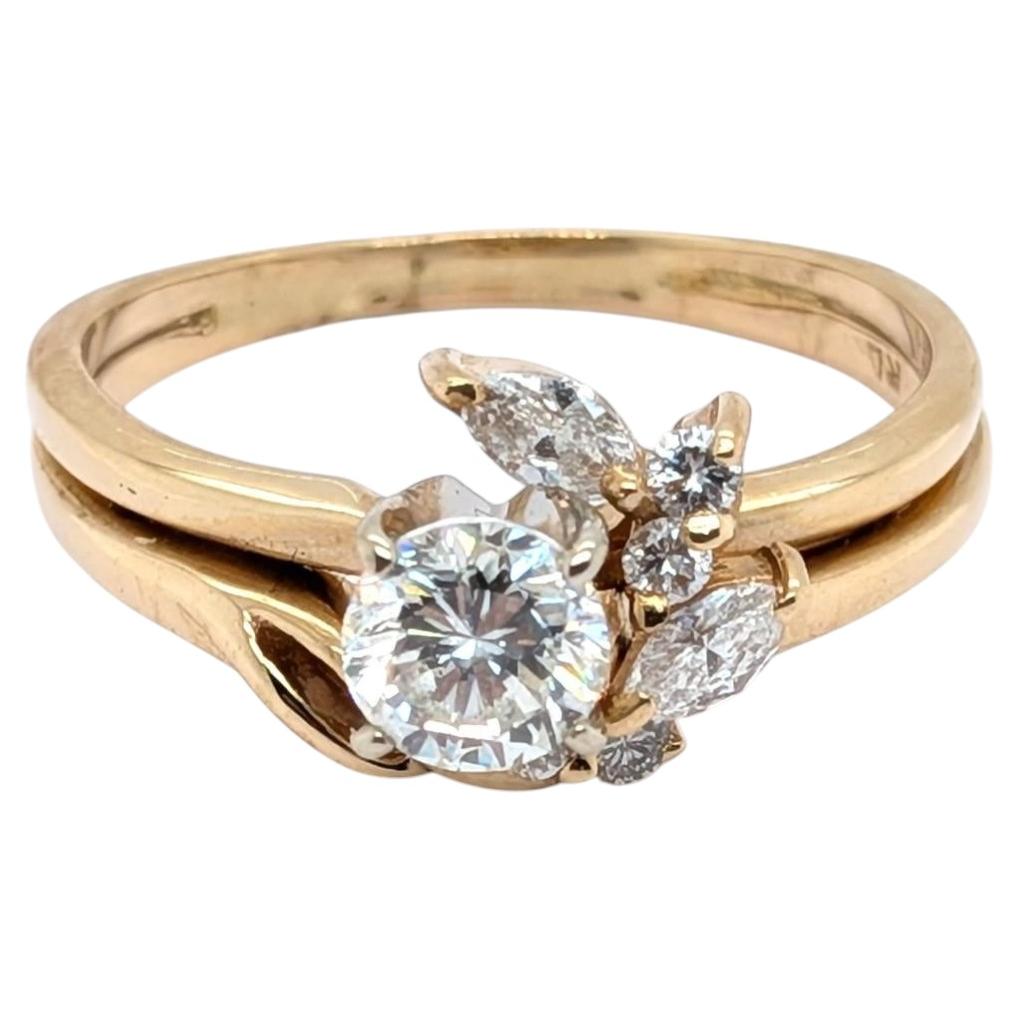 14k Yellow Gold Floral Engagement Ring with Wrap Around Band & Natural Diamonds