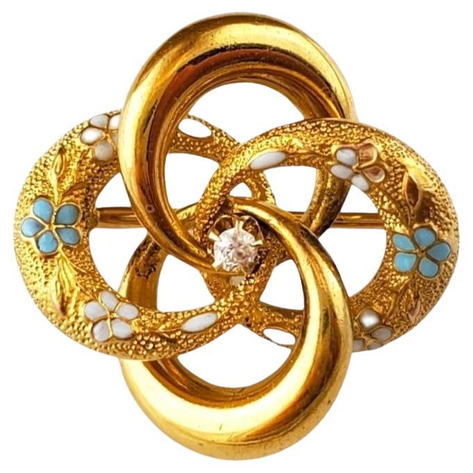 14K Yellow Gold Floral Pin with Diamond and Enamel #16300 For Sale