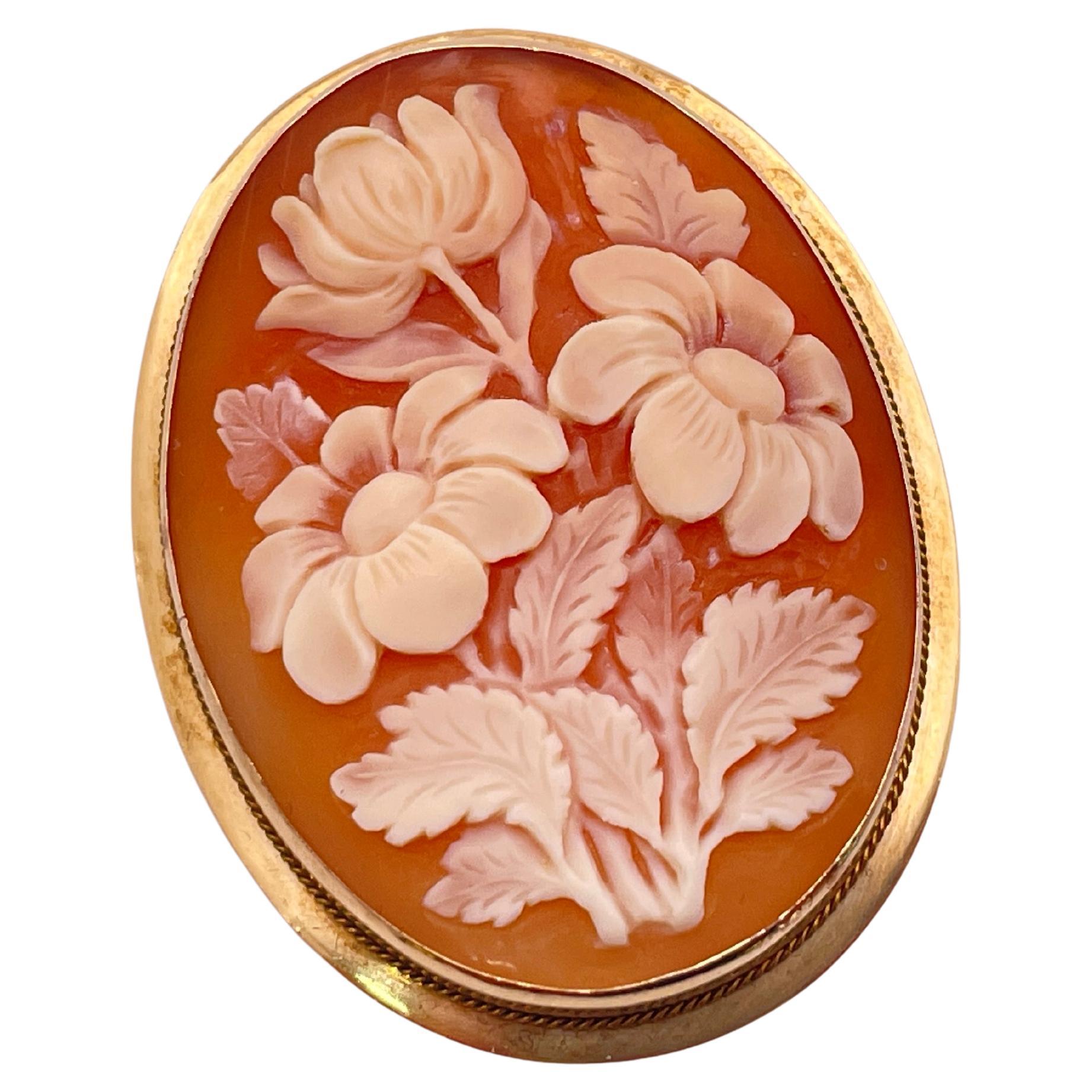 14K Yellow Gold Floral Shell Cameo Pendant Brooch Pin