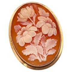 14K Yellow Gold Floral Shell Cameo Pendant Brooch Pin