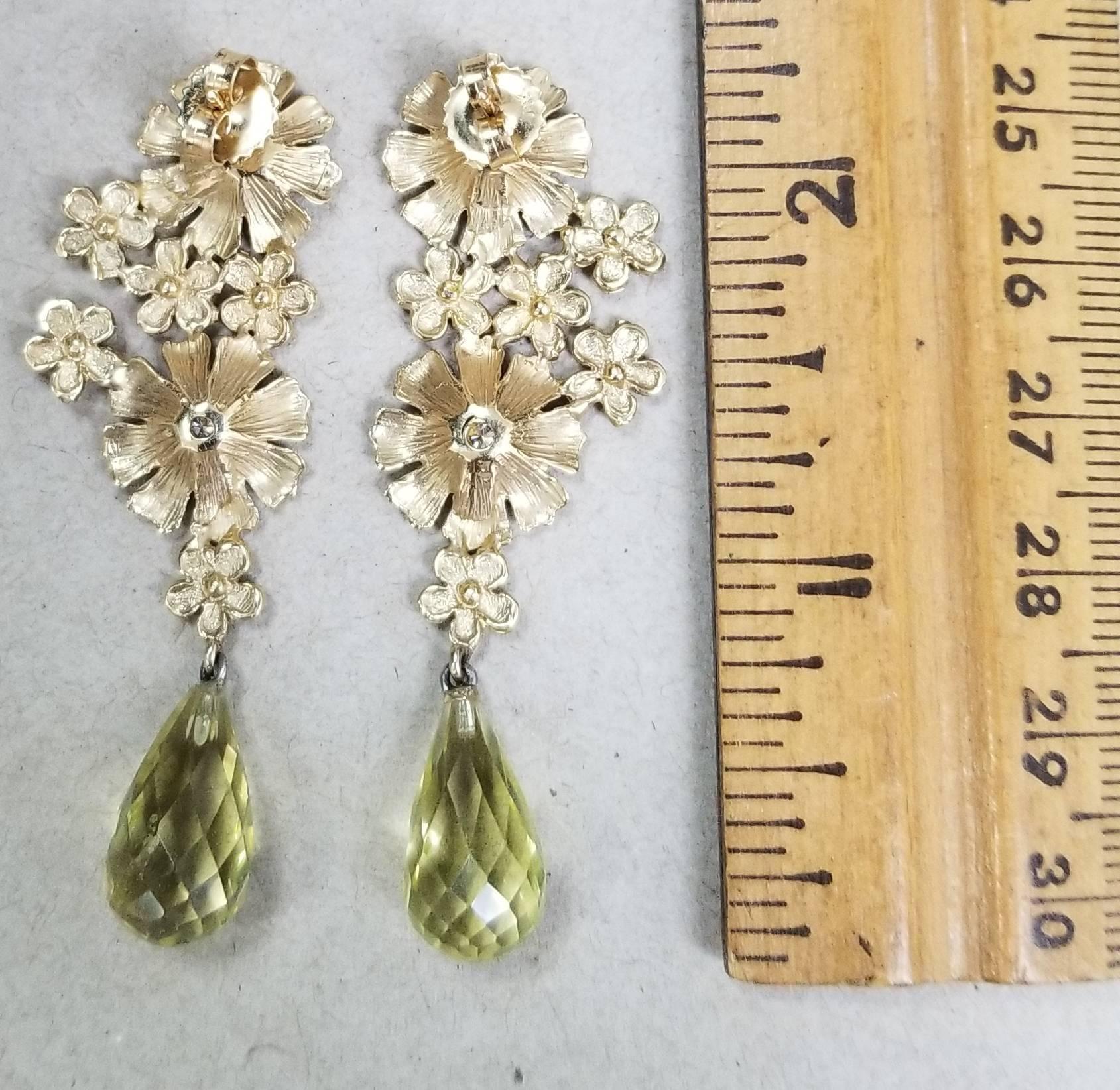 14k Yellow Gold Flower and Diamond Earrings with Citrine Briolette Cut Drops In New Condition In Los Angeles, CA