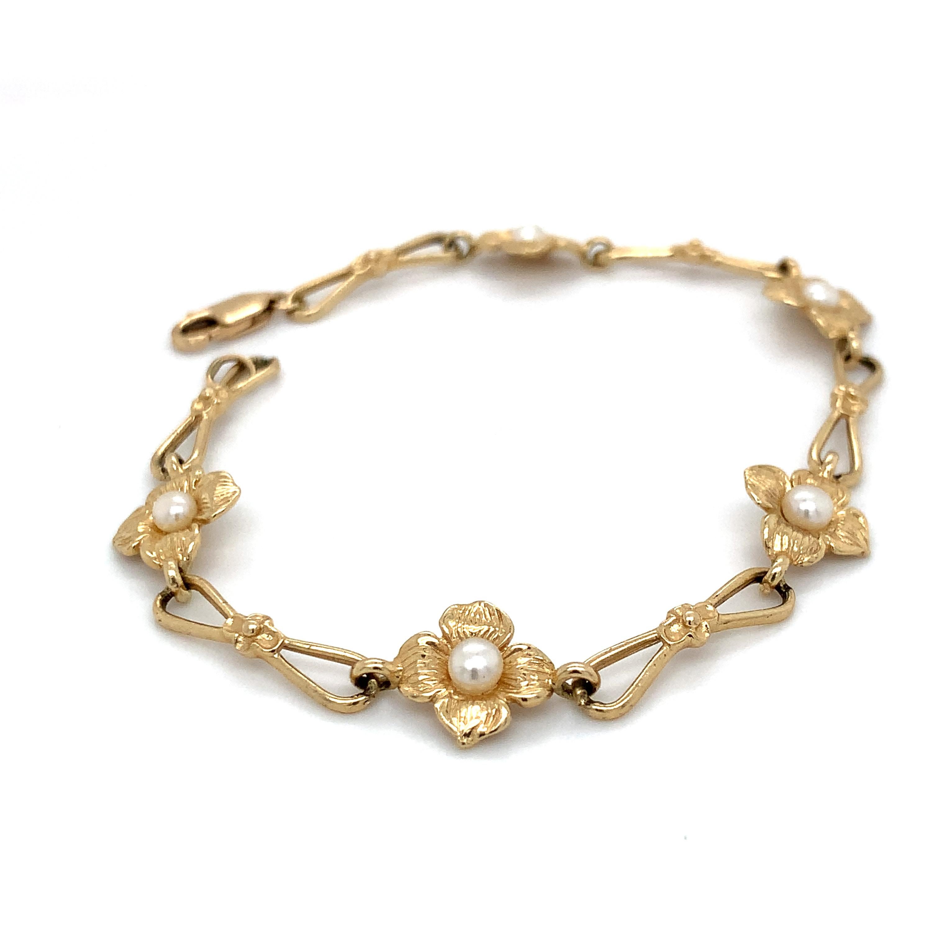 Retro 14K Yellow Gold Flower Bracelet with White Pearls 7.25