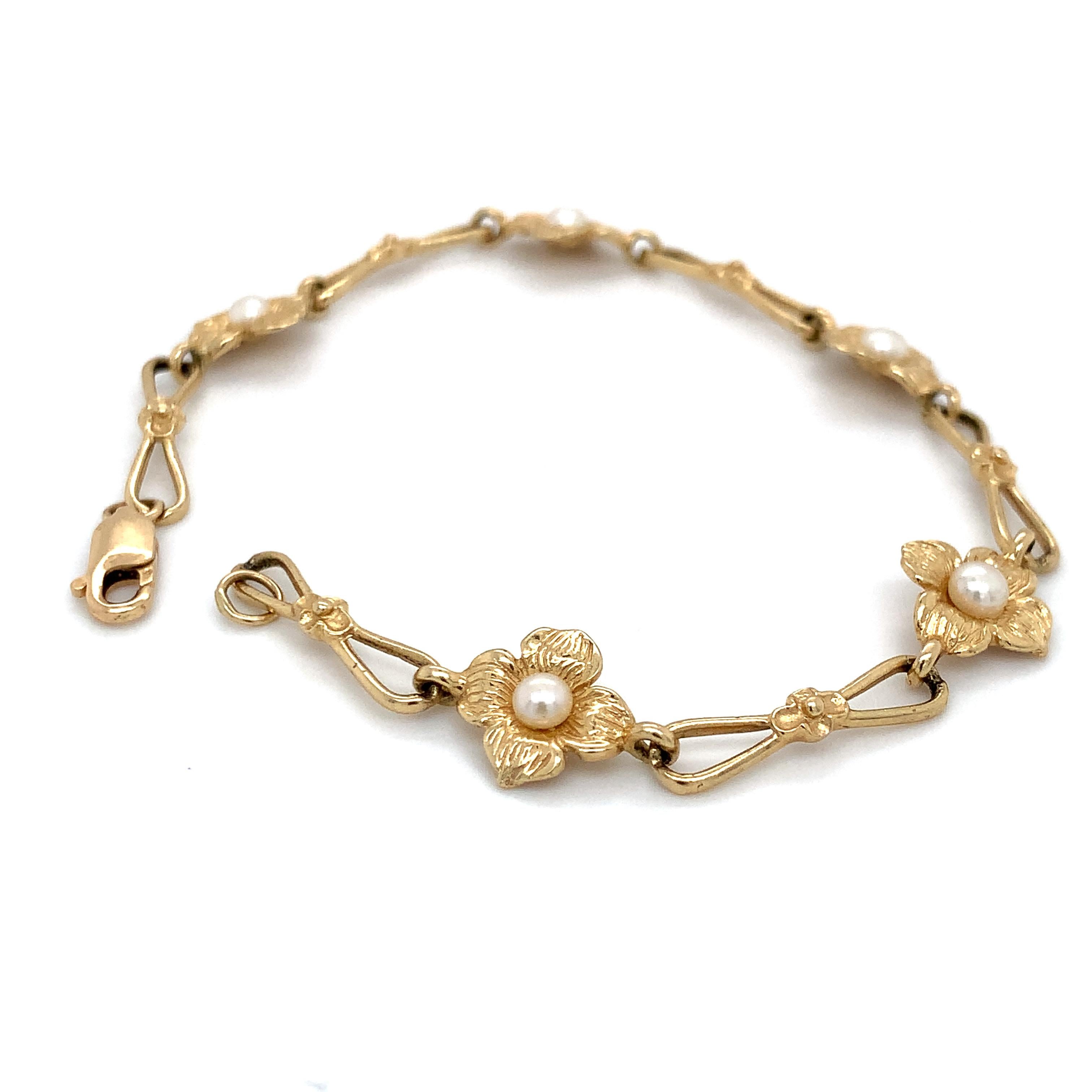 Bead 14K Yellow Gold Flower Bracelet with White Pearls 7.25