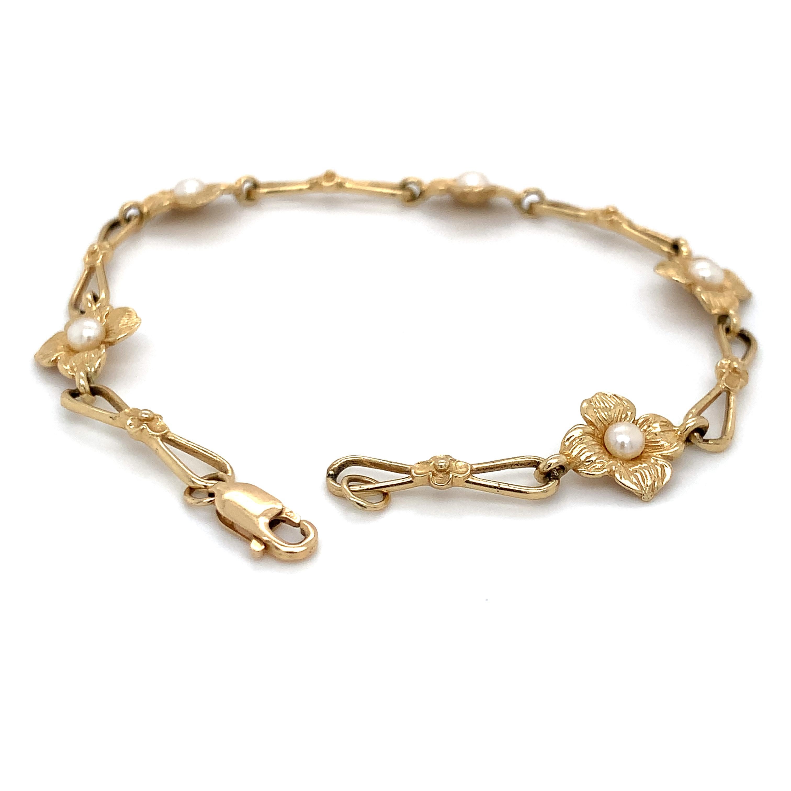 14K Yellow Gold Flower Bracelet with White Pearls 7.25