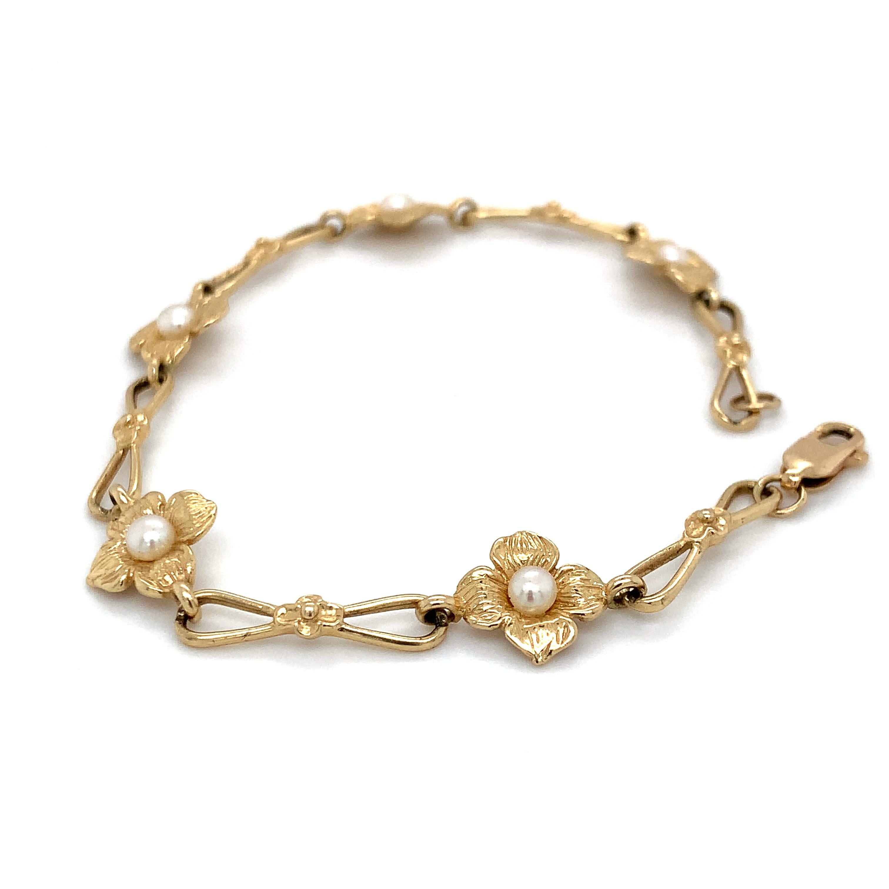 14K Yellow Gold Flower Bracelet with White Pearls 7.25