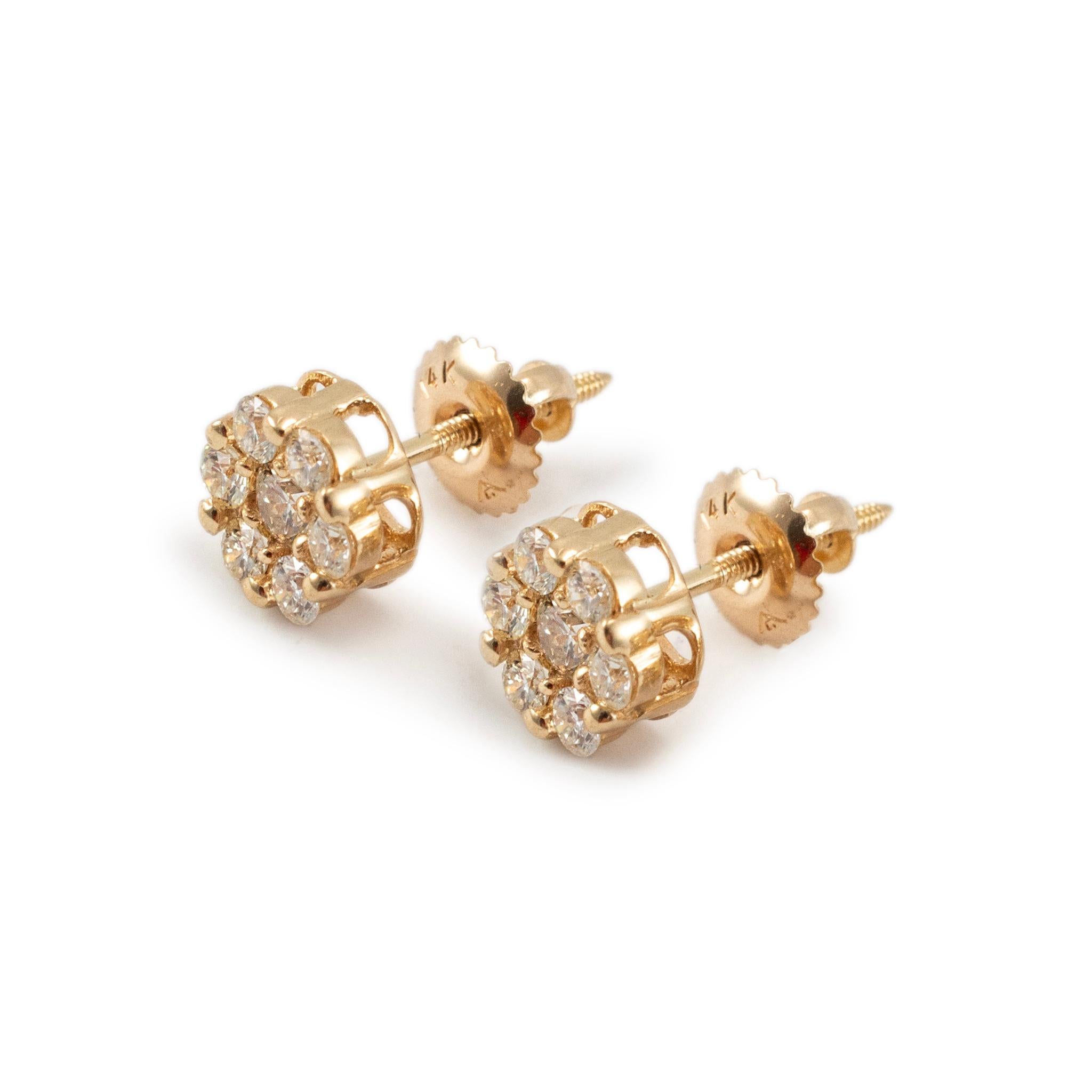 14K Gelbgold Blumen-Cluster-Diamant-Ohrstecker (Rundschliff)