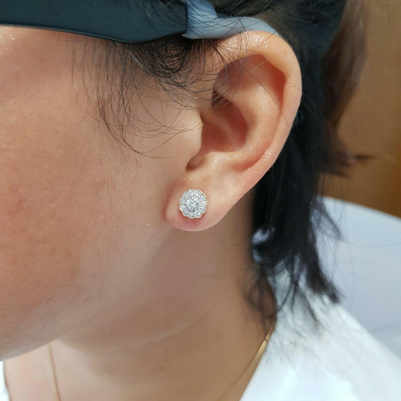 Round Cut 14 Karat Yellow Gold Flower Earring and Pendant Diamonds Approximate 1.00 Carat