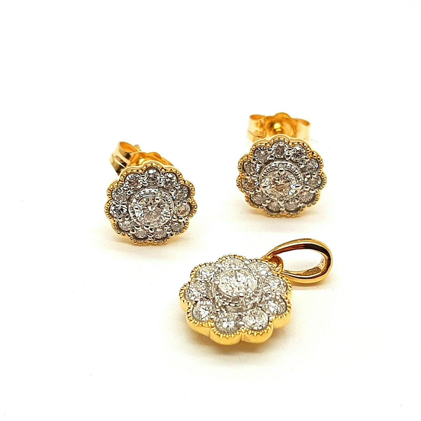 14 Karat Yellow Gold Flower Earring and Pendant Diamonds Approximate 1.00 Carat In New Condition In Los Angeles, CA