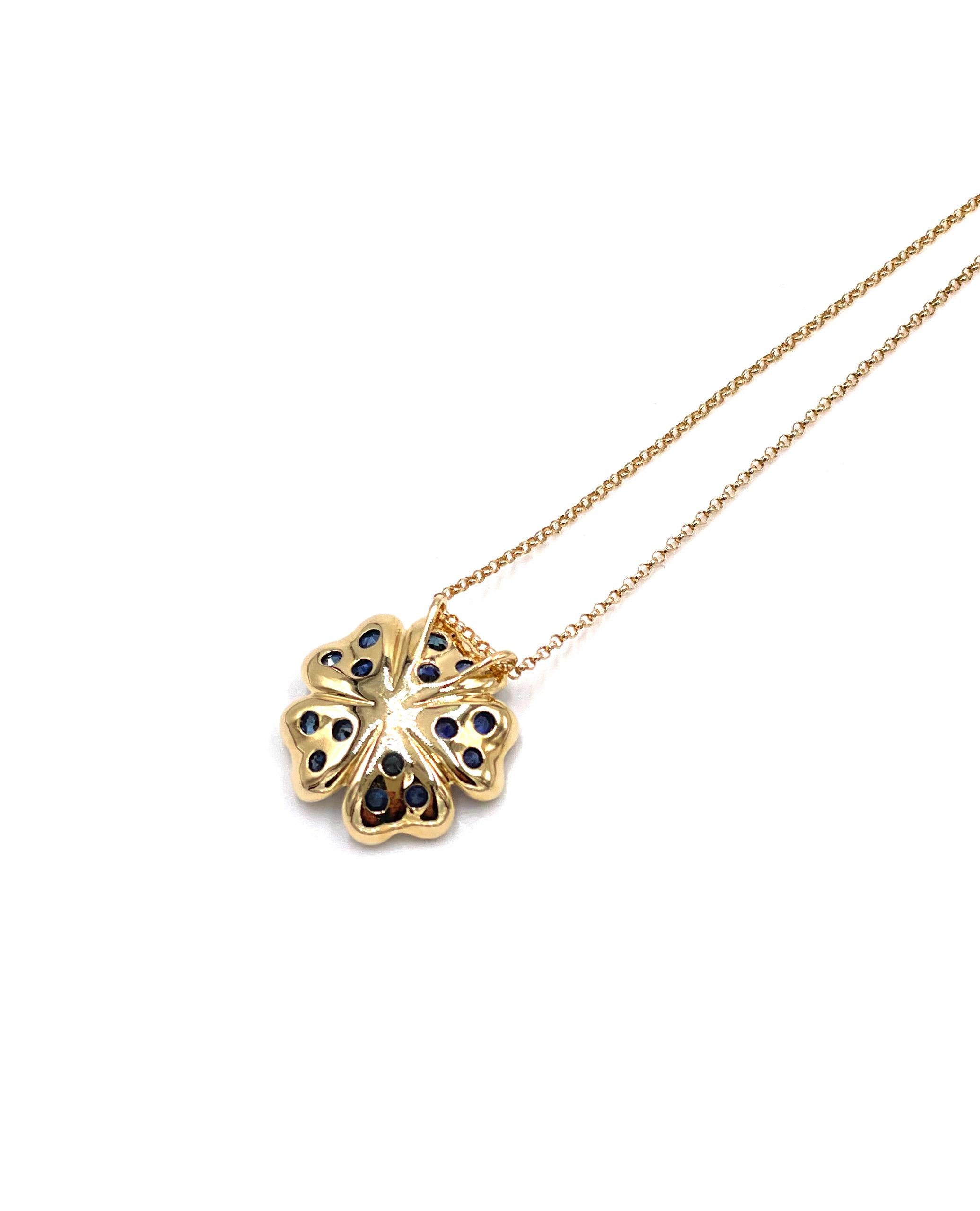 Round Cut 14k Yellow Gold Flower Pendant Necklace with Sapphires and Diamonds For Sale