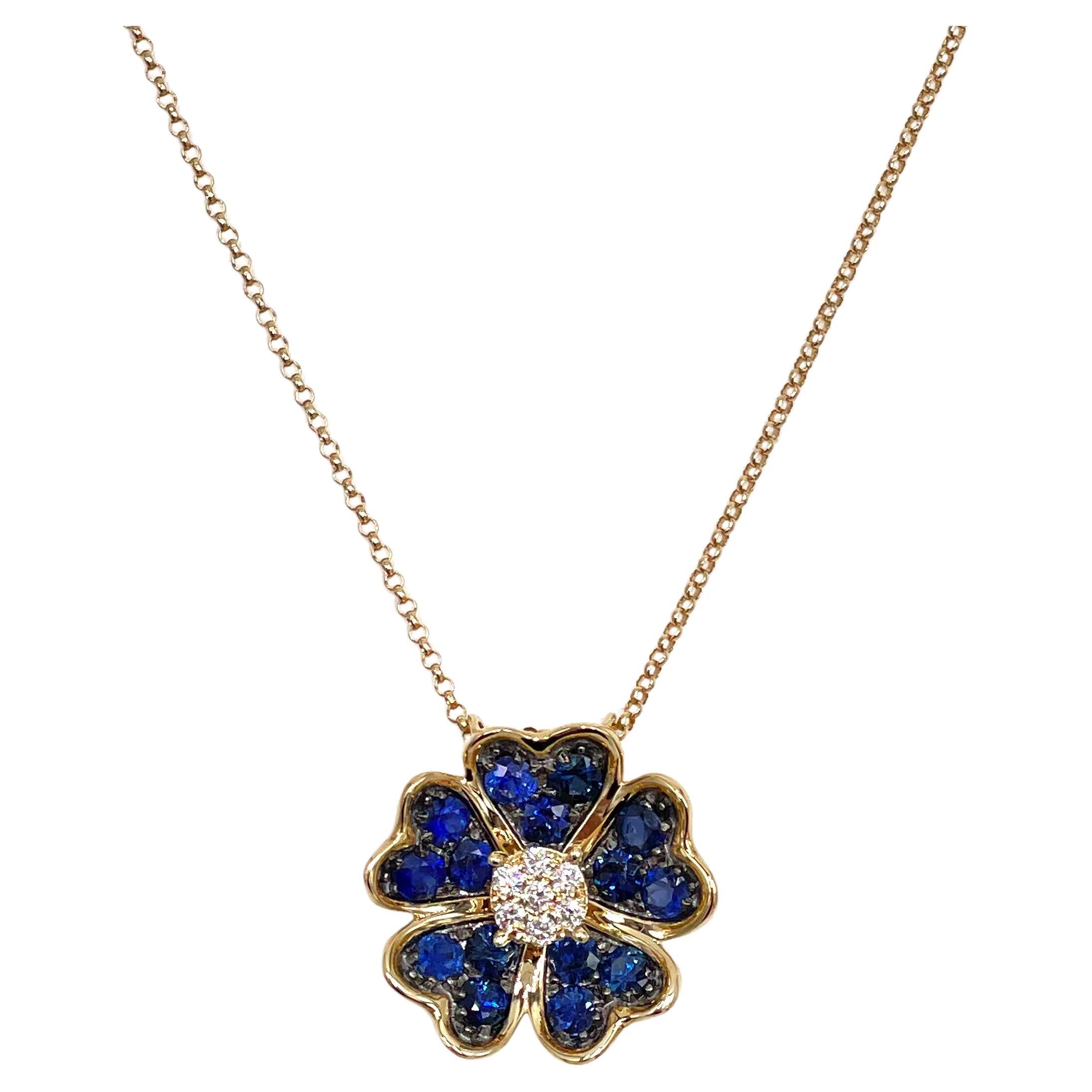 14k Yellow Gold Flower Pendant Necklace with Sapphires and Diamonds