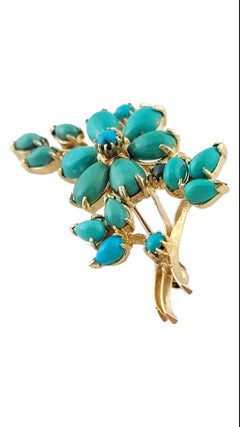 14K Yellow Gold Flower Pin with Turquoise Stones #15186