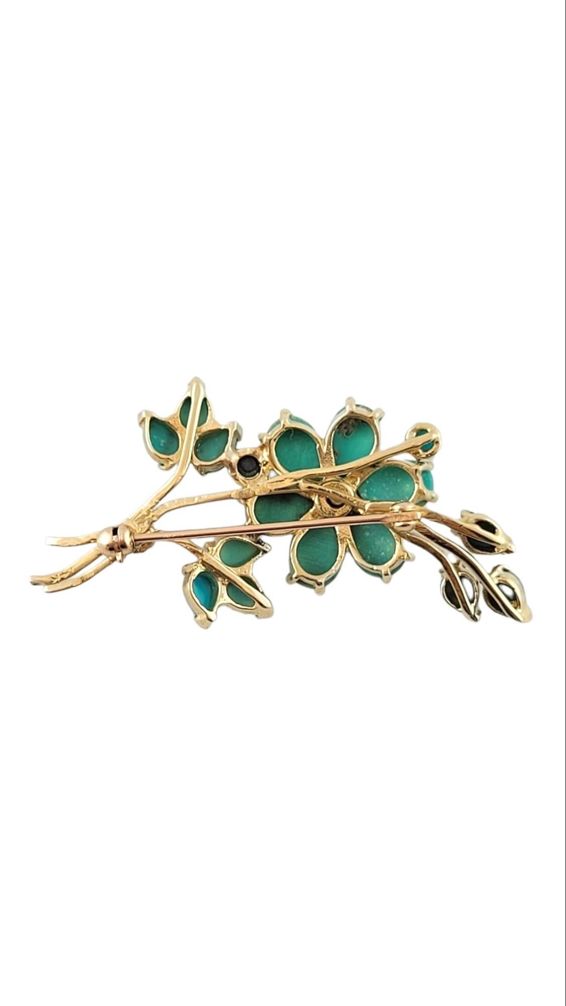 Oval Cut 14K Yellow Gold Flower Pin with Turquoise Stones #15186 For Sale