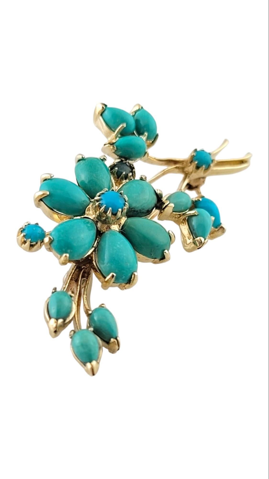 14K Yellow Gold Flower Pin with Turquoise Stones #15186 In Good Condition For Sale In Washington Depot, CT