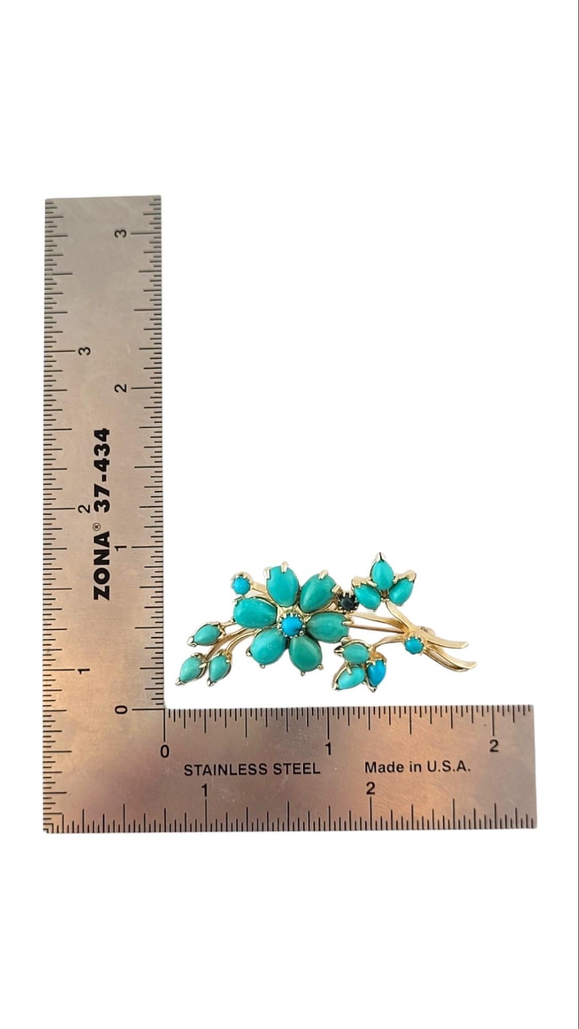 14K Yellow Gold Flower Pin with Turquoise Stones #15186 For Sale 2
