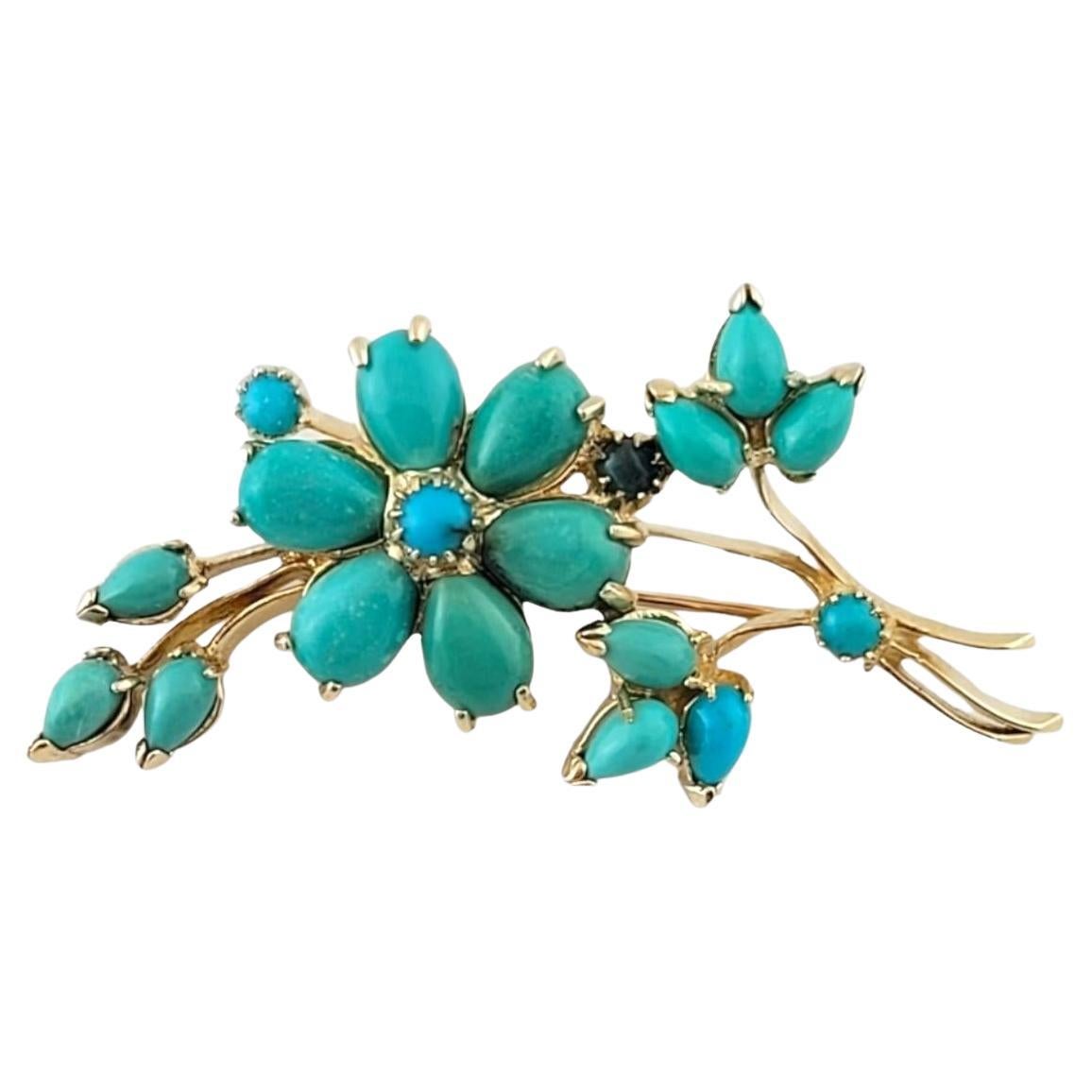 14K Yellow Gold Flower Pin with Turquoise Stones #15186 For Sale