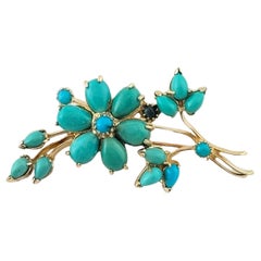 Vintage 14K Yellow Gold Flower Pin with Turquoise Stones #15186