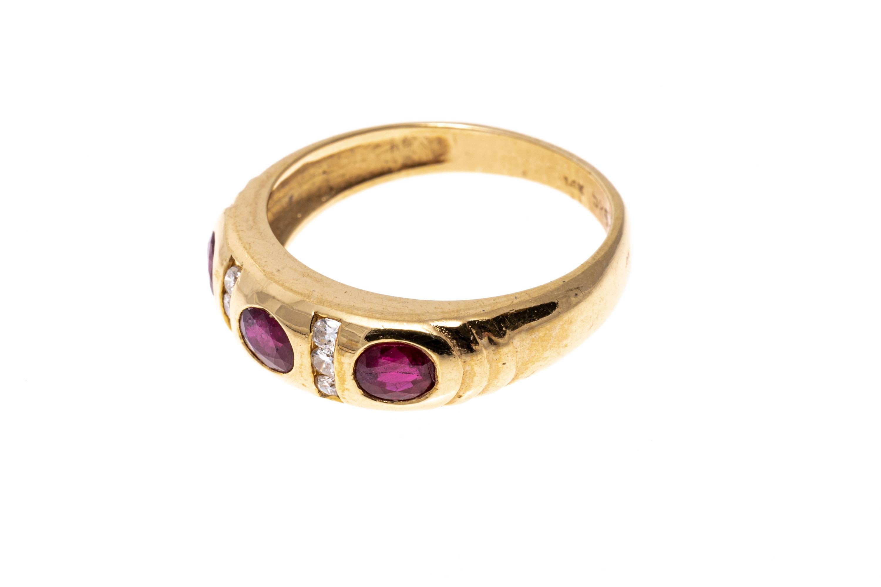 14k Yellow Gold Flush Set Ruby and Channel Diamond Band Ring For Sale 1