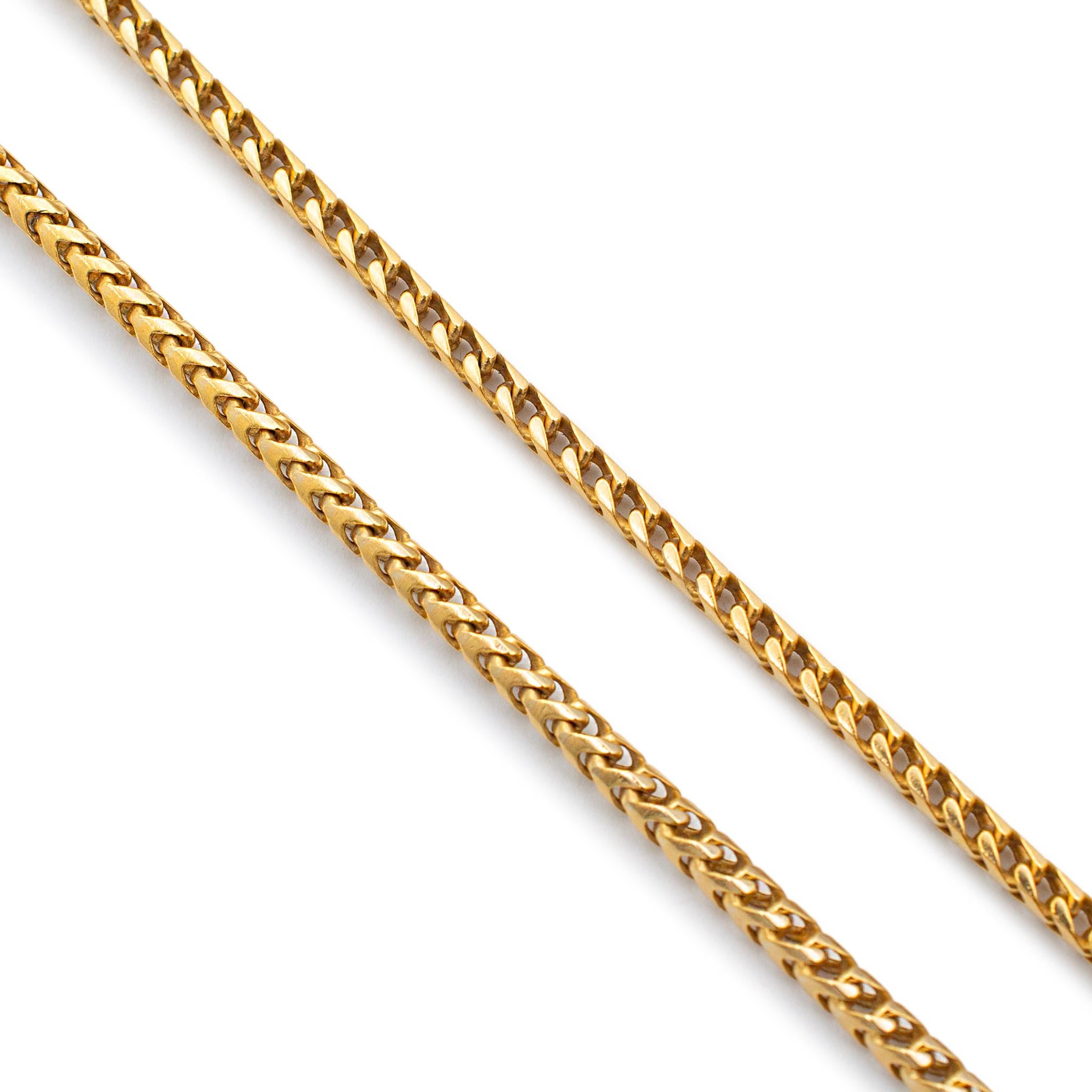 Gender: Unisex

Metal Type: 14K Yellow Gold

Length: 28.00 Inches

Width: 2.50 mm

Weight: 25.10 grams

14K yellow gold foxtail link chain. The metal was tested and determined to be 14K yellow gold. Engraved with 