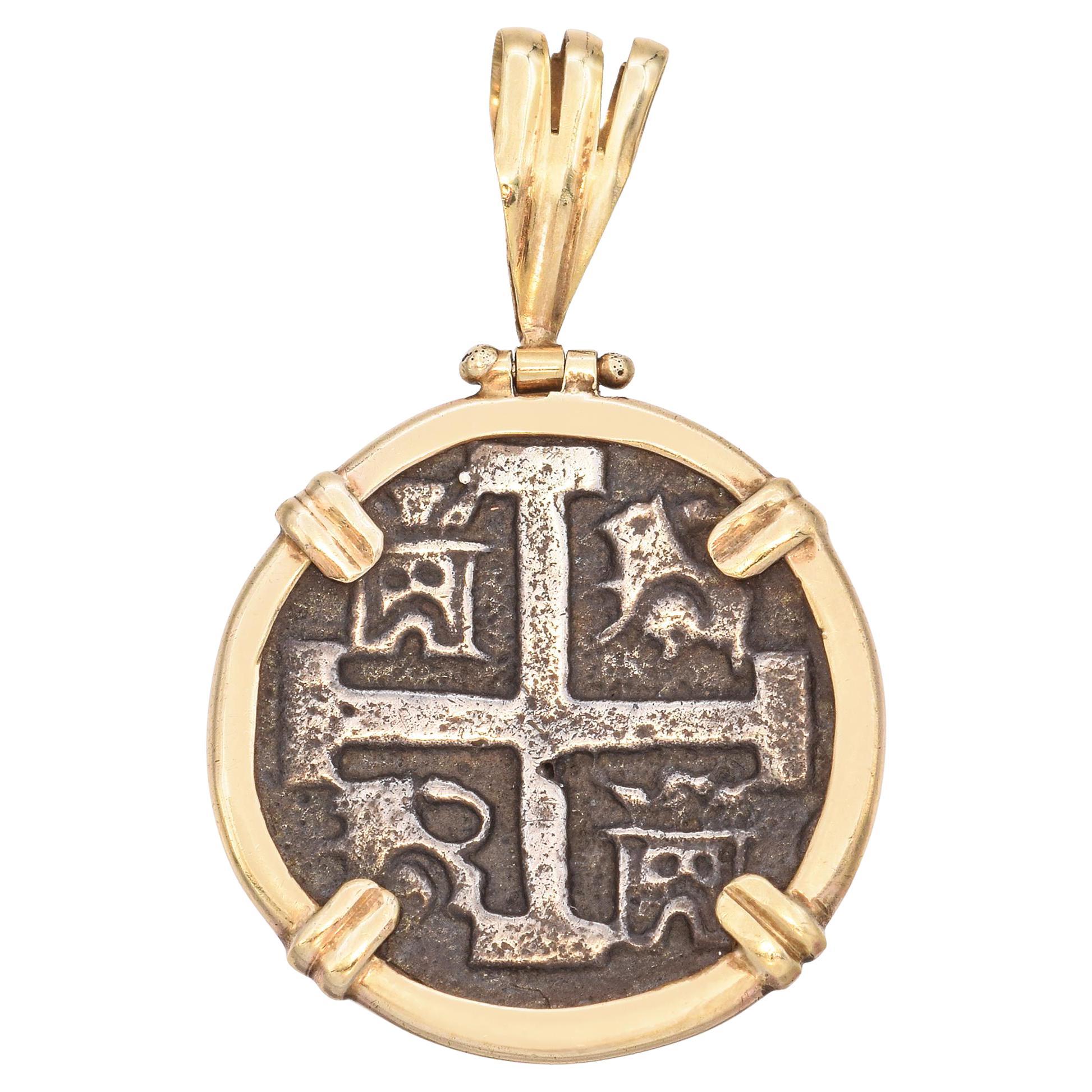 14k Yellow Gold Frame Silver Atocha Shipwreck Coin Pendant