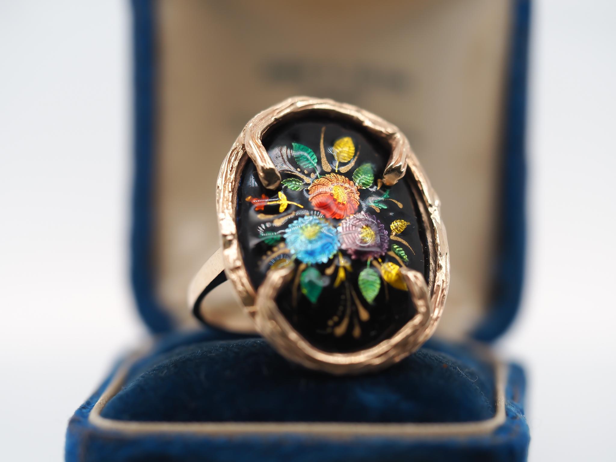 14K Yellow Gold FRANCE floral enamel ring For Sale 3