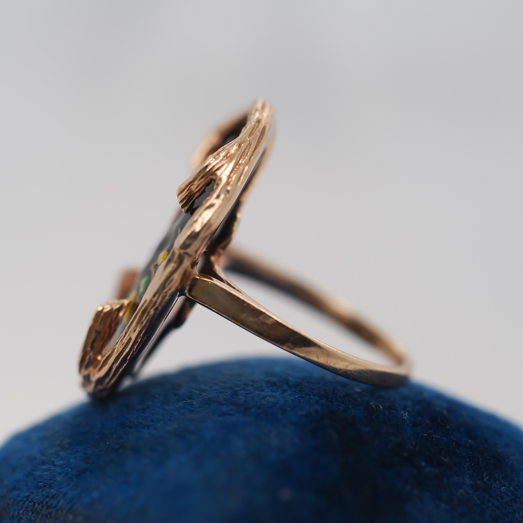 14K Yellow Gold FRANCE floral enamel ring For Sale 5