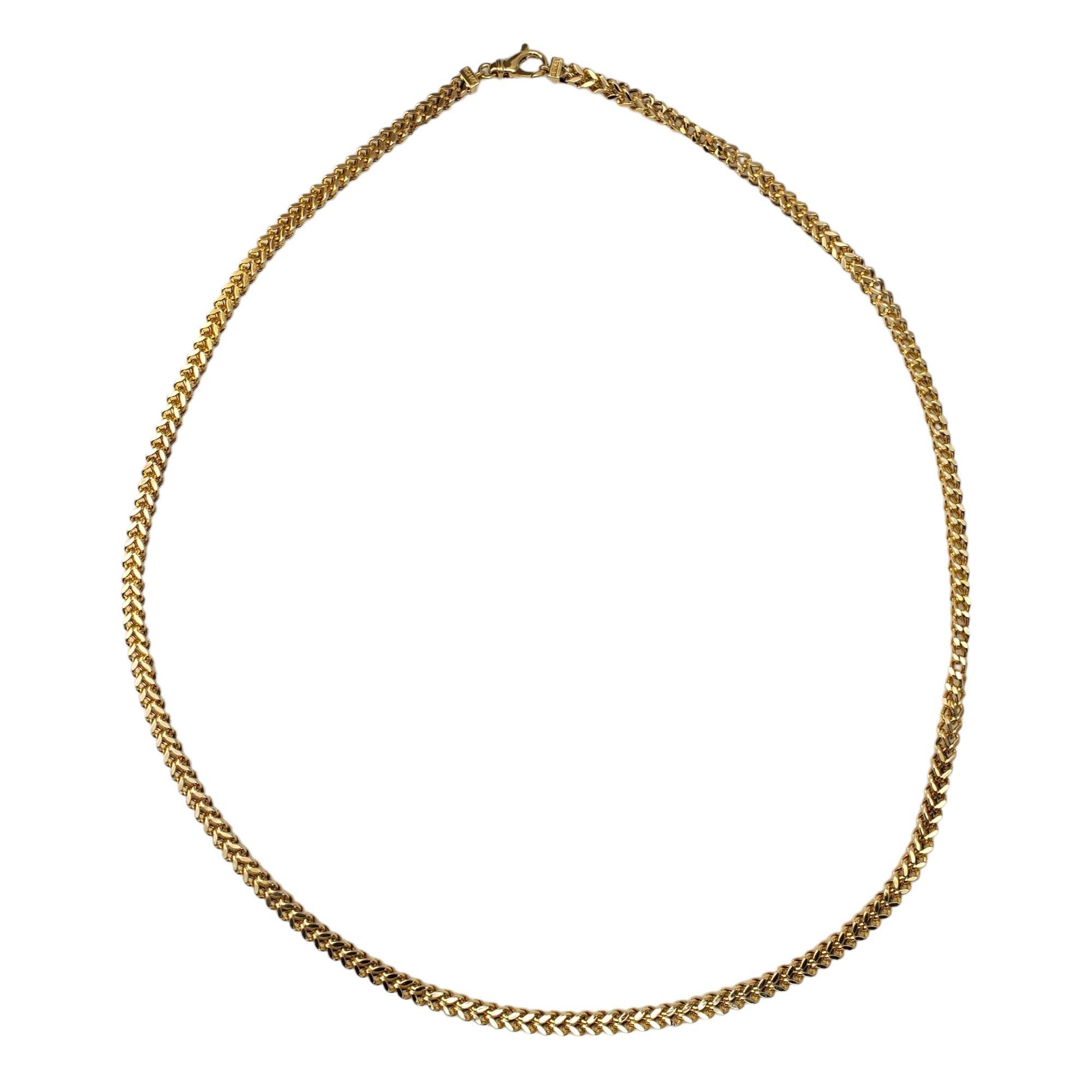 Vintage 14K Yellow Gold Franco Chain Necklace - 

This elegant necklace is a staple piece in any collection. 
 
Chain Length: 24 Inches

4.4mm x 3.5mm links

Weight: 11.1dwt. / 17.4 gr.

Marked: 14K RCI Turkey

Very good condition, professionally