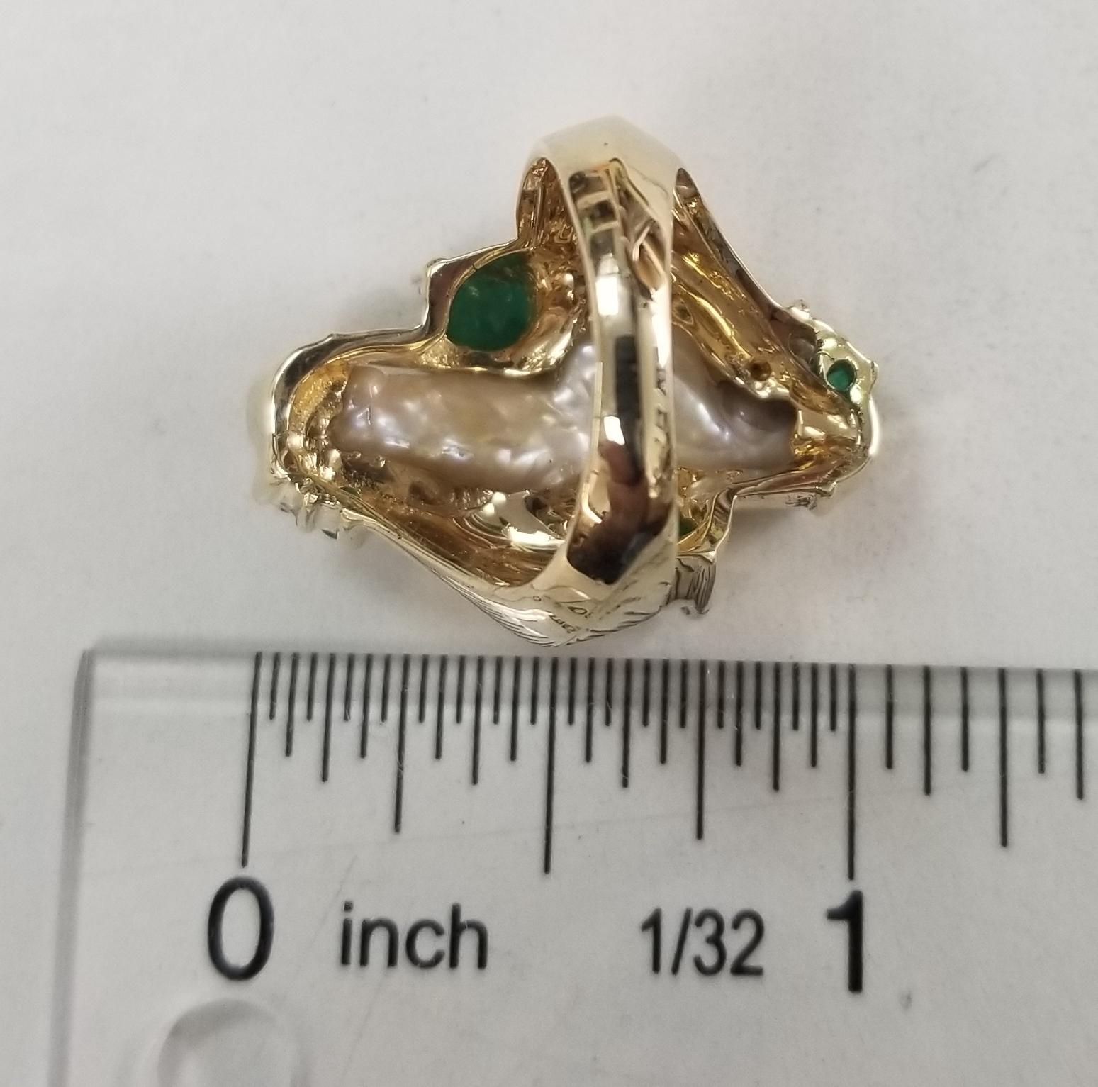 14k Yellow Gold Free Form Pearl with Emeralds and Diamonds Cocktail ...