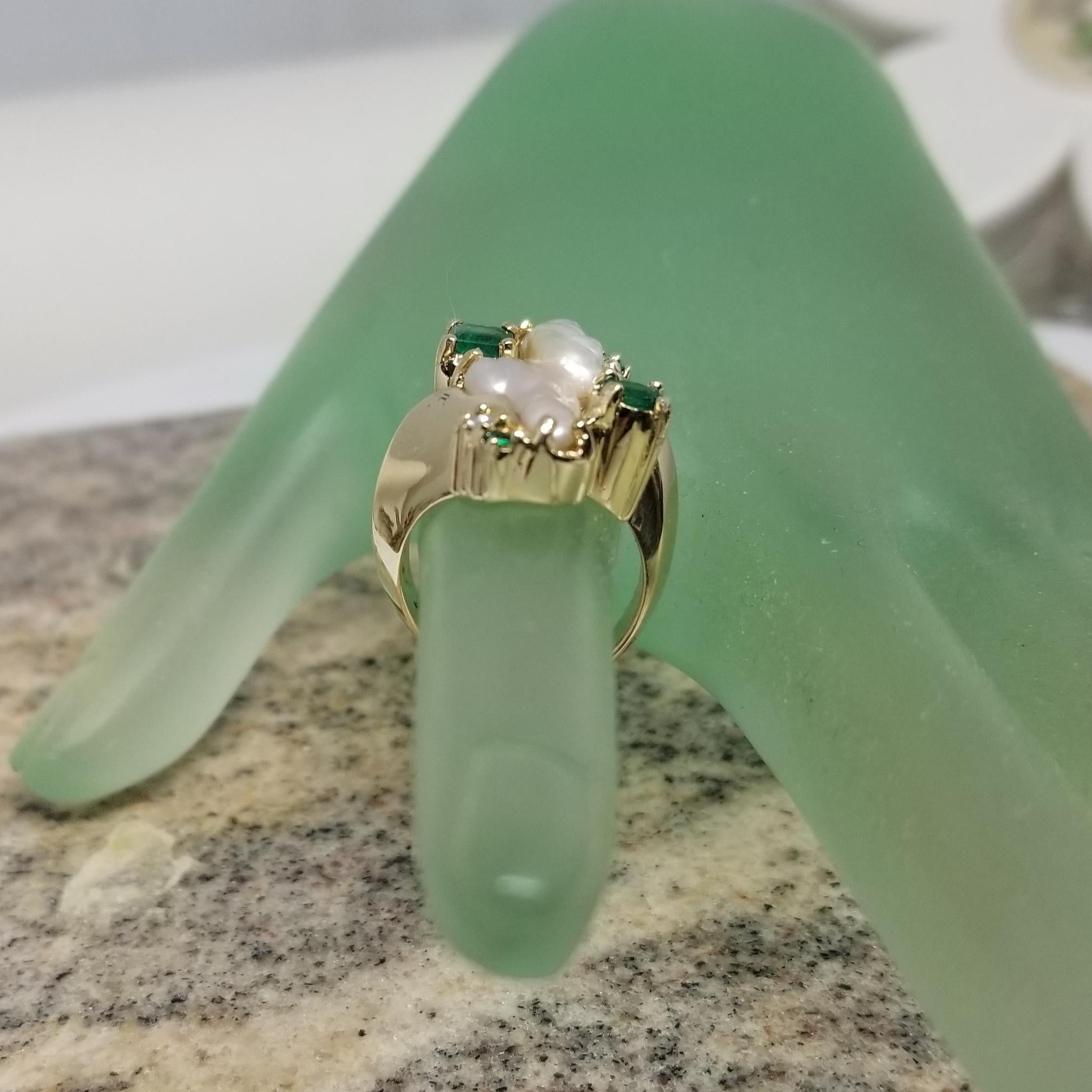 Emerald Cut 14k Yellow Gold Free Form Pearl with Emeralds and Diamonds Cocktail Ring For Sale