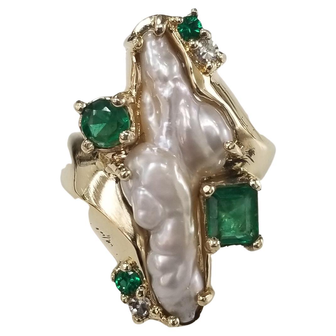 14k Yellow Gold Free Form Pearl with Emeralds and Diamonds Cocktail Ring