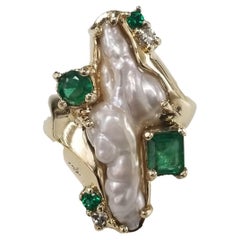 14k Yellow Gold Free Form Pearl with Emeralds and Diamonds Cocktail Ring