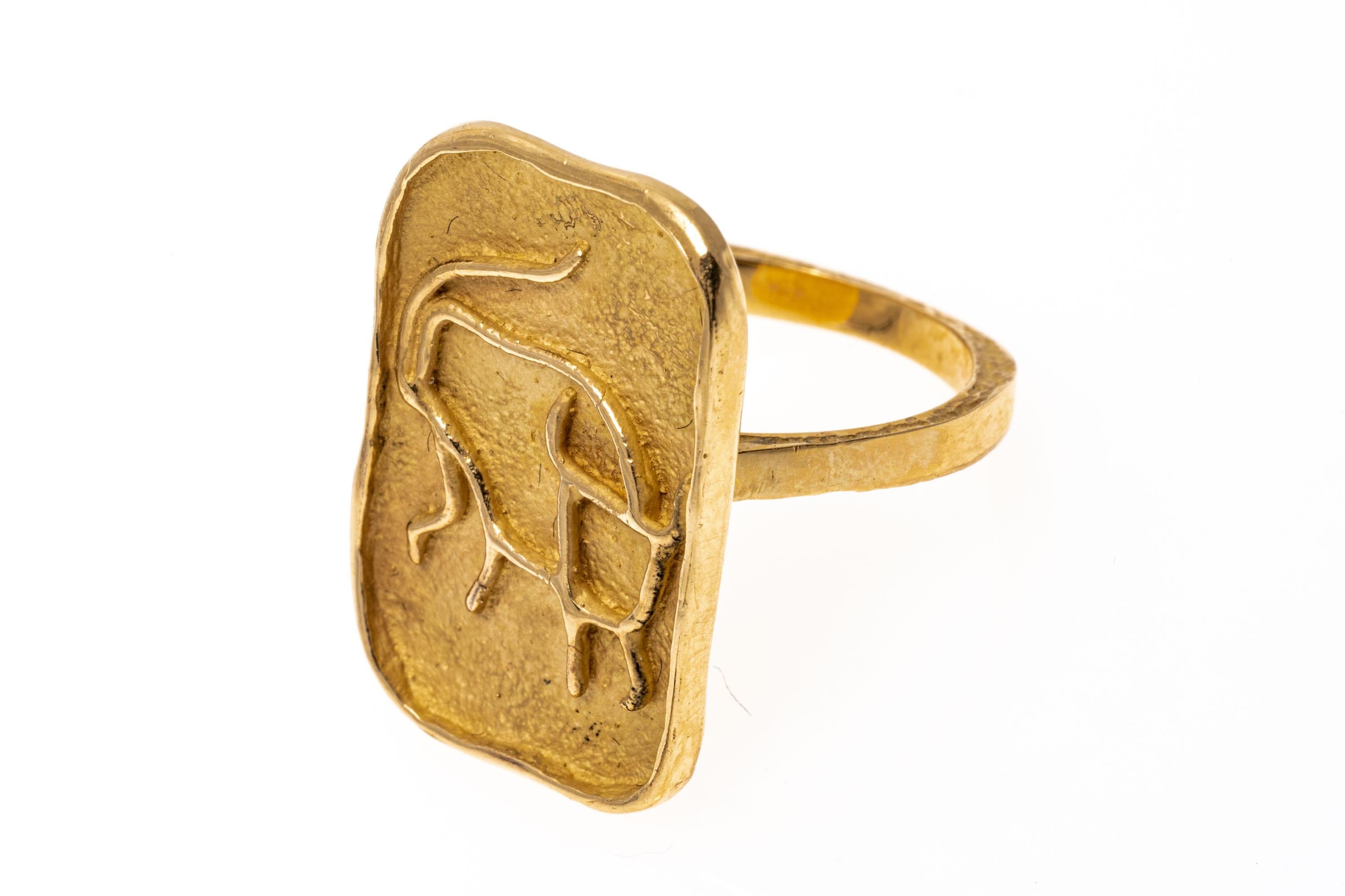 14k Yellow Gold Free Form Rectangular Line Drawn Taurus Ring For Sale 3