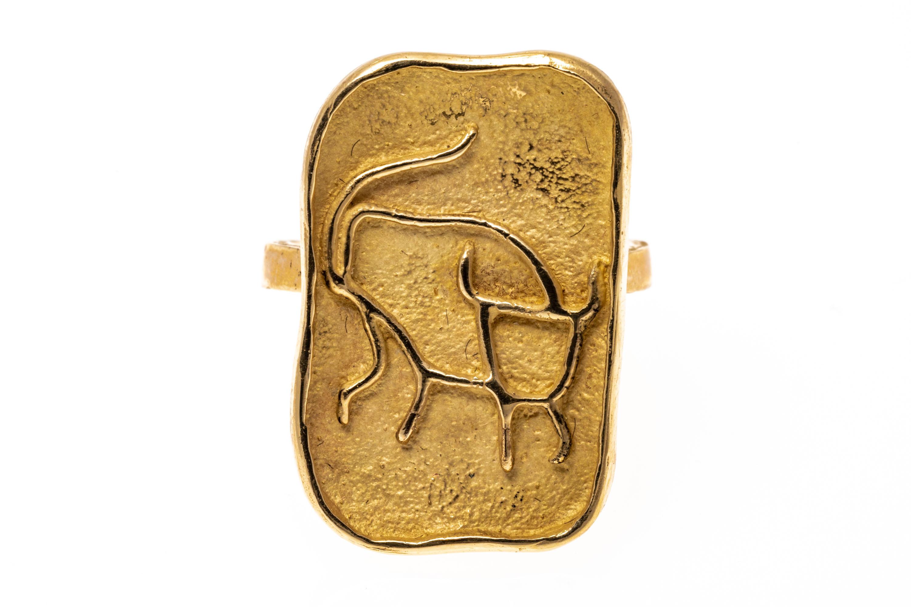 14k Yellow Gold Free Form Rectangular Line Drawn Taurus Ring For Sale 4