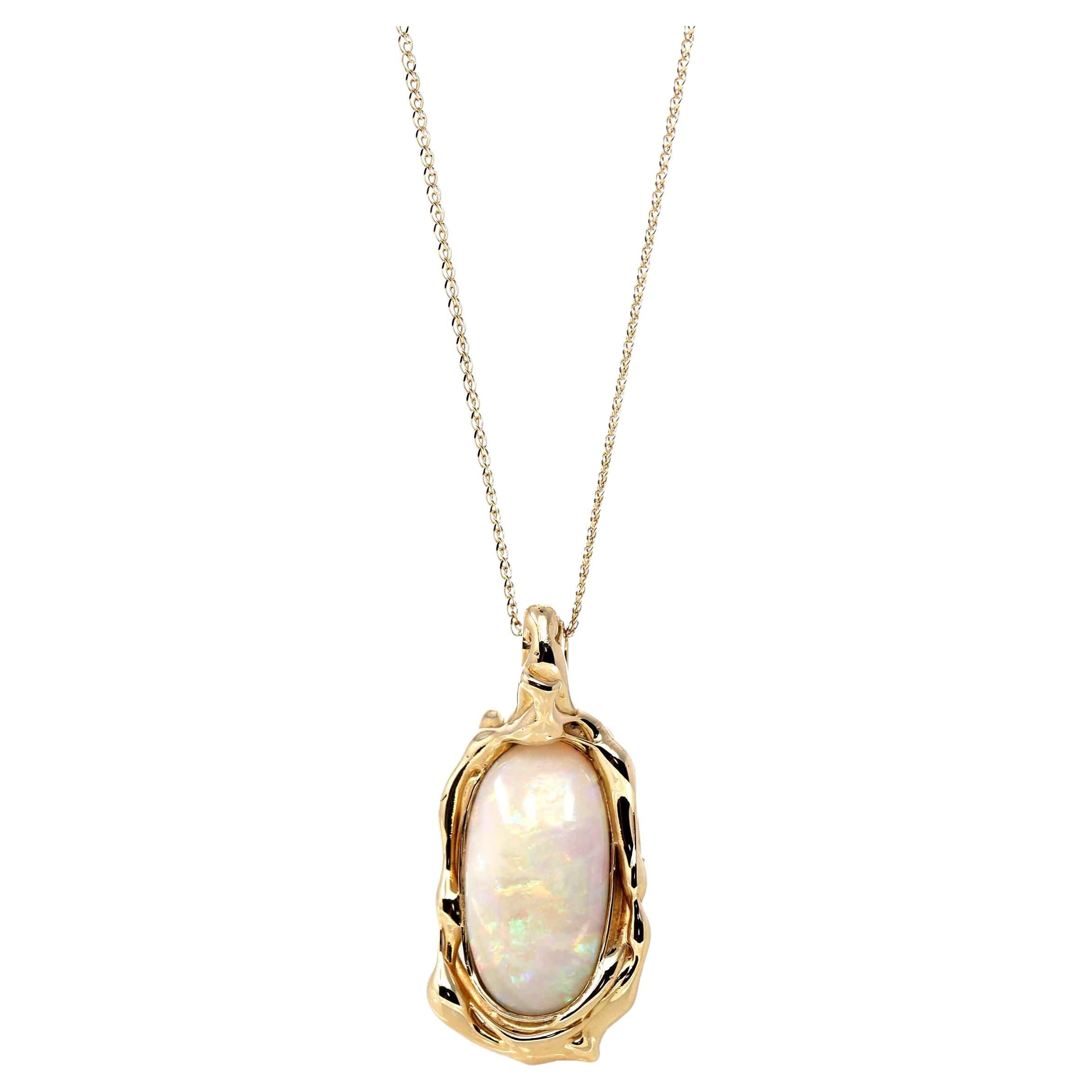 14k Yellow Gold Freeform Australian White Opal Bezel Set Necklace For Sale