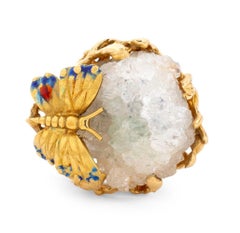 14K Yellow Gold Freeform Druzy Quartz Cocktail Ring, 20th Century