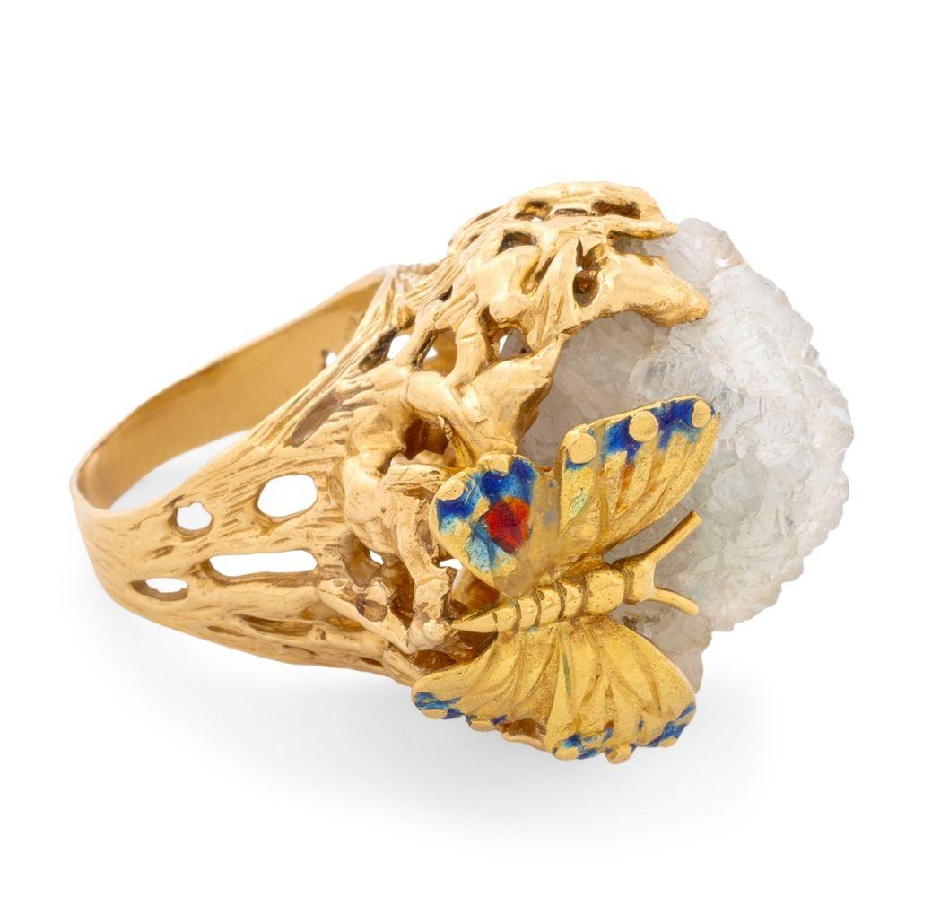 Grezzo Anello in oro giallo 14K con quarzo druzy chiaro a forma libera in vendita