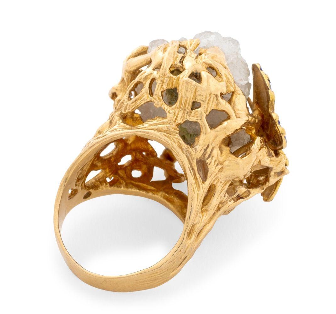 Anello in oro giallo 14K con quarzo druzy chiaro a forma libera In condizioni buone in vendita a Queens, NY