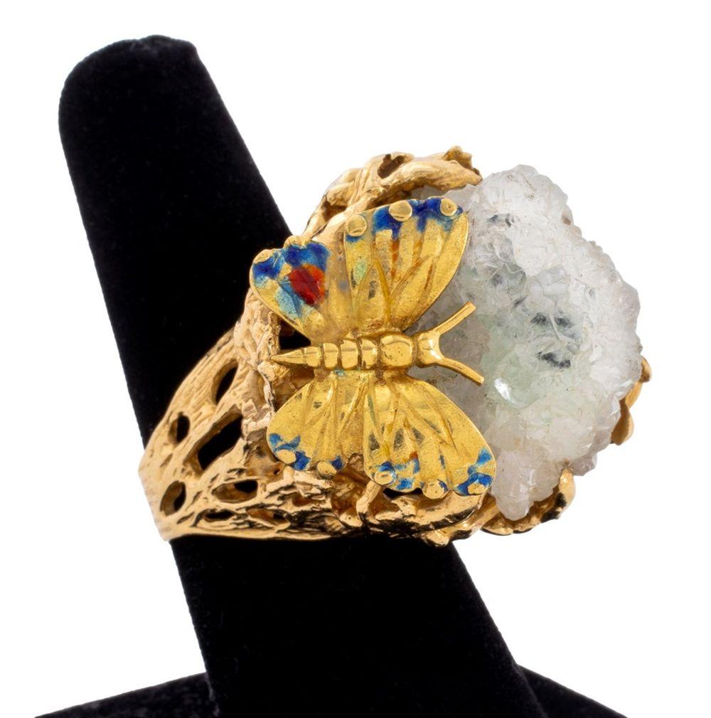 Anello in oro giallo 14K con quarzo druzy chiaro a forma libera in vendita 1