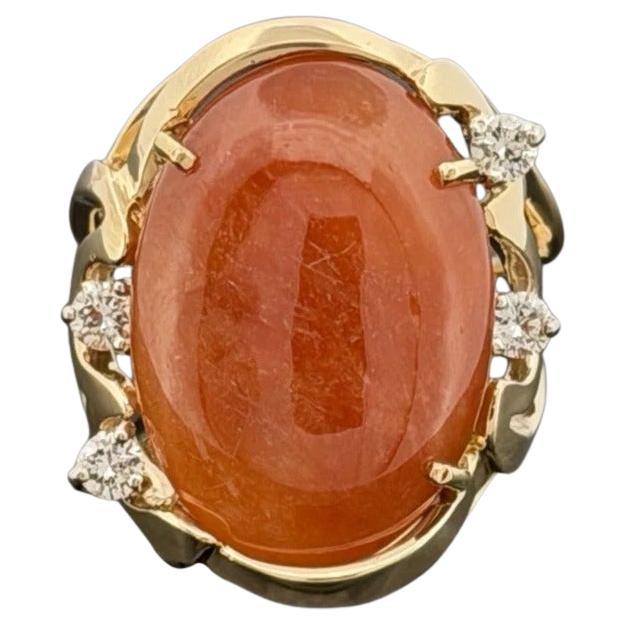 14K Yellow Gold Freeform Large Natural Orange Jadeite Cabochon & Diamond Ring