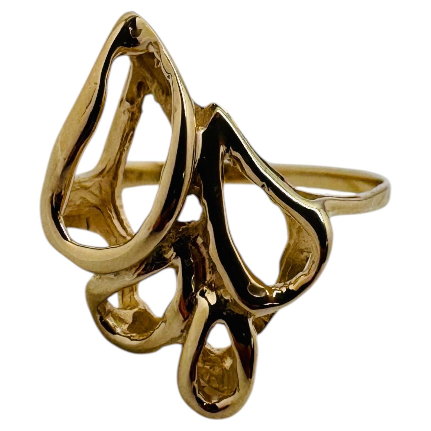 14K Yellow Gold Freeform Minimalist Ring, Art Deco, Size 6, 1990