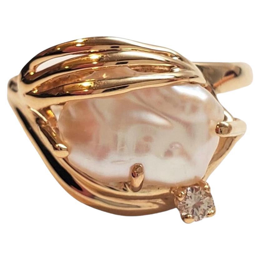 14K Yellow Gold Freshwater Pearl & Diamond Ring #17541