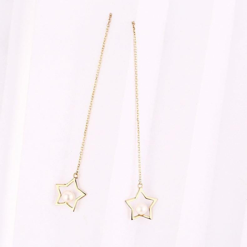 Open Star Freshwater Pearl 14K Yellow Gold Threader Earrings